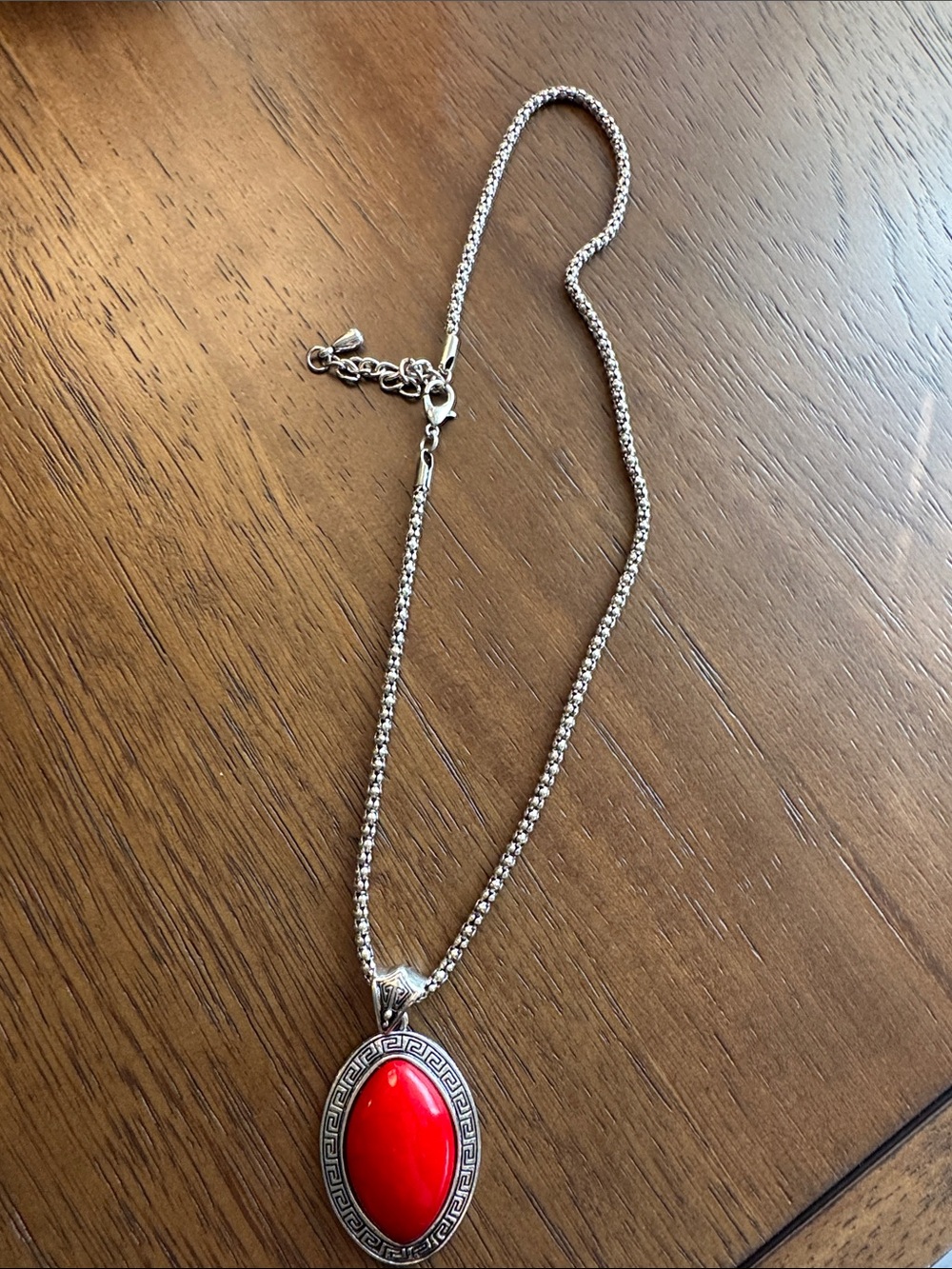 Fashion Jewelry Silver-Tone Necklace with Red Oval Pendant